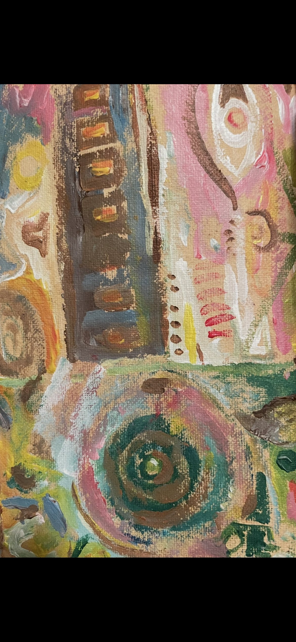 Layered abstract painting with pastel shapes and a teal spiral. Original artwork by Lauren