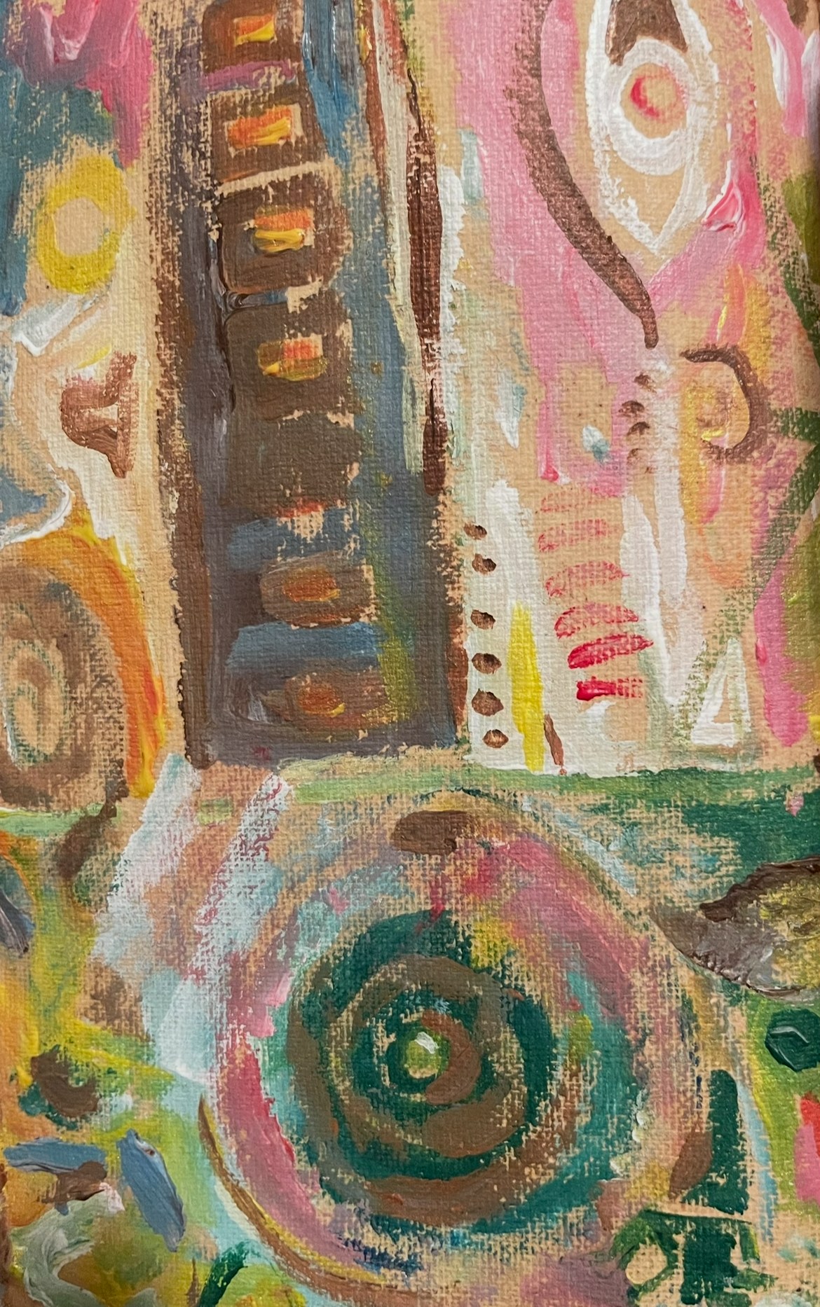 Abstract painting with a green spiral and layered shapes on warm canvas. Original artwork by Lauren